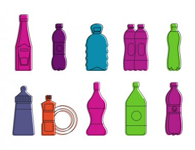 Plastik şişe simge kümesi, renk anahat stili