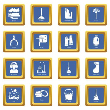 Temizlik araçları simgeleri mavi kare vektör ayarla