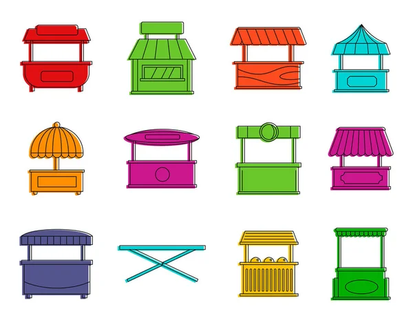 Street shop icon set, colore contorno stile — Vettoriale Stock