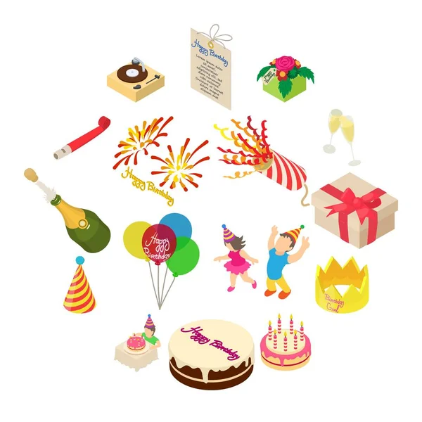 Conjunto de iconos de fiesta de cumpleaños, estilo isométrico — Vector de stock