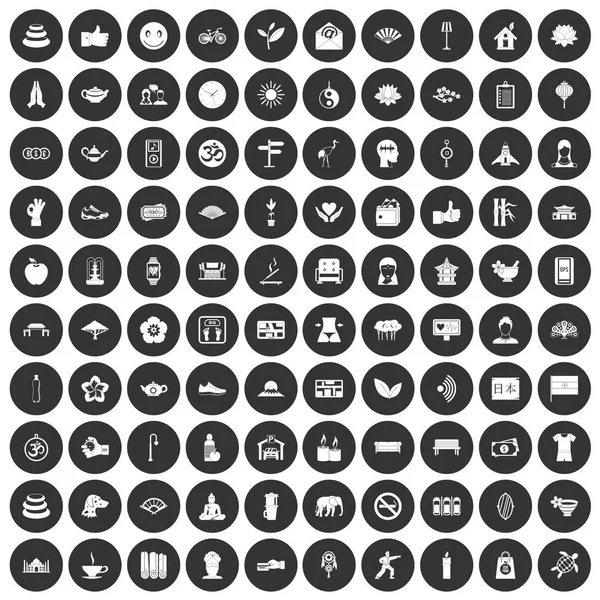 100 iconos de estudio de yoga conjunto círculo negro — Archivo Imágenes Vectoriales