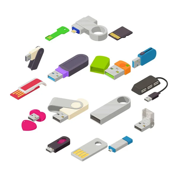 Set ikon USB flash drive, gaya isometrik - Stok Vektor