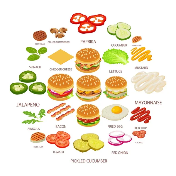 Hamburger ingrediënt iconen set, isometrische stijl — Stockvector