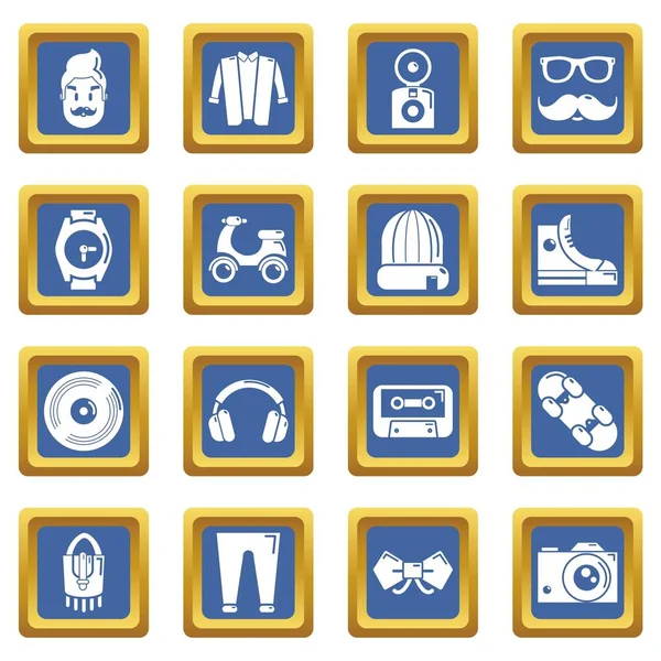 Hipster símbolos iconos conjunto azul cuadrado vector — Vector de stock