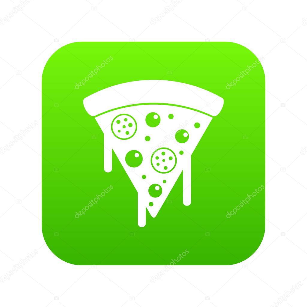 Slice of pizza with salami, melted cheese icon digital green