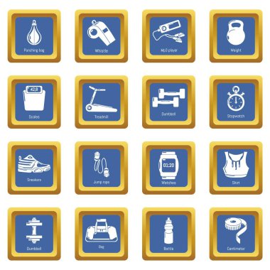 Mavi kare vektör spor salonu spor Icons set