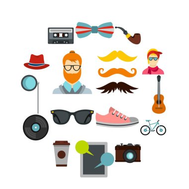 Hipster Icons set, düz stil