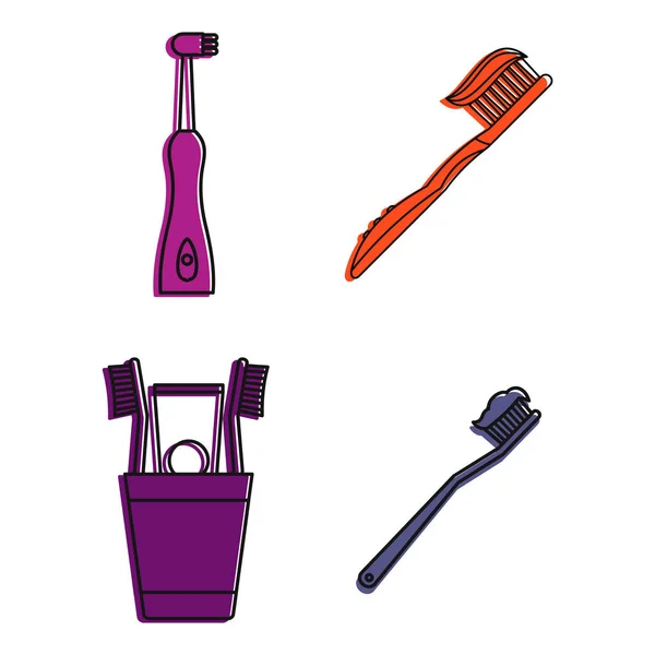 Ensemble d'icônes brosse à dents, style contour de couleur — Image vectorielle