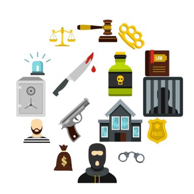 Suç ve ceza Icons set, düz stil