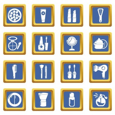 Mavi kare vektör kozmetik Icons set