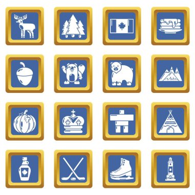 Mavi kare vektör Kanada seyahat Icons set