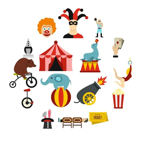 Ensemble d'icônes de divertissement de cirque, style plat — Image vectorielle