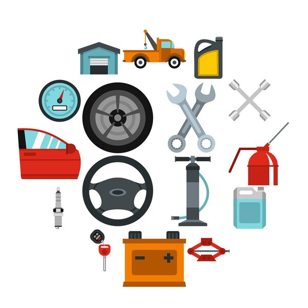 Car maintenance and repair icons set, flat style