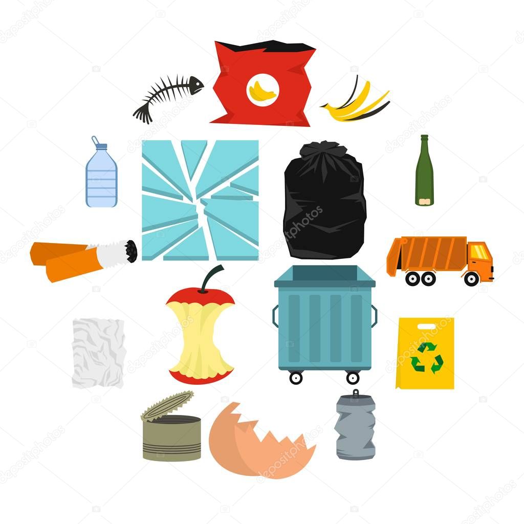 Waste and garbage icons set, flat style