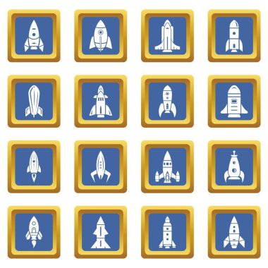 Mavi kare vektör roket Icons set