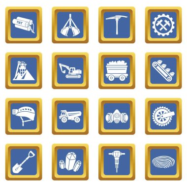 Kömür madeni simgeler kümesi mavi kare vektör