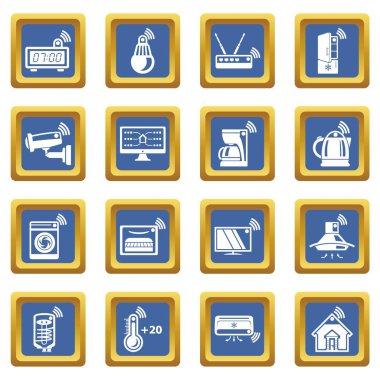 Mavi kare vektör akıllı ev Icons set