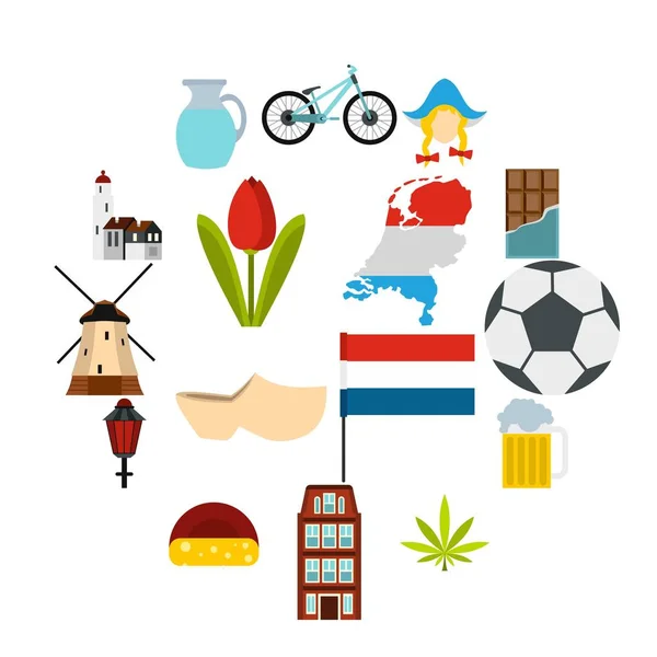 Holanda ícones conjunto, estilo plano — Vetor de Stock