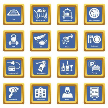 Mavi kare vektör otel hizmeti Icons set