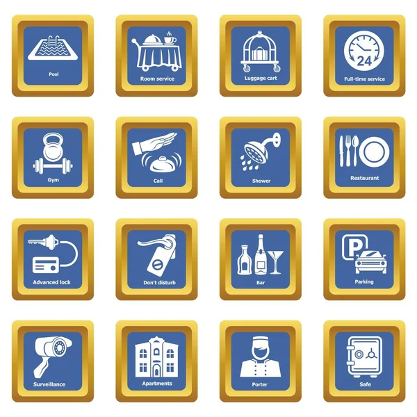 Iconos de servicio del hotel conjunto azul cuadrado vector — Vector de stock