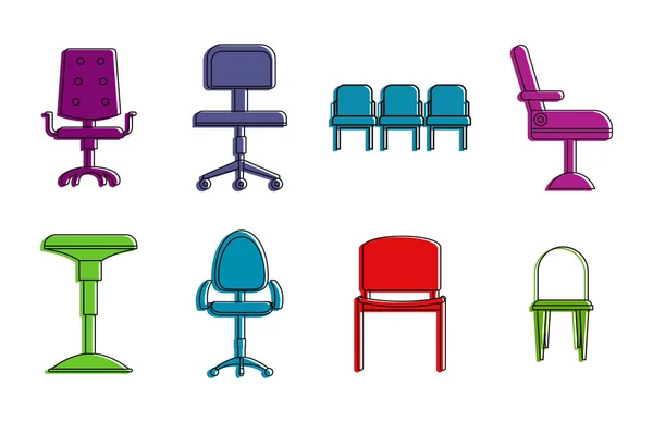Set di icone delle sedie, stile contorno colore — Vettoriale Stock