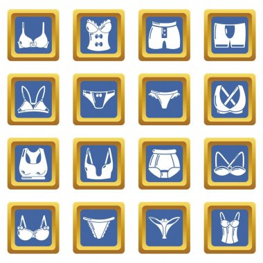 Mavi kare vektör iç çamaşırı türleri Icons set