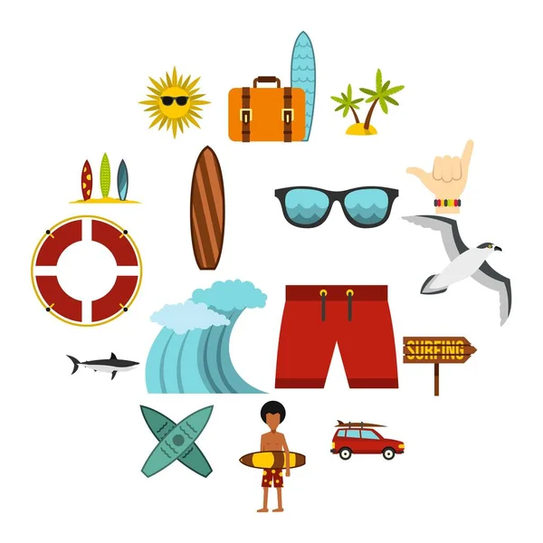 Set de iconos de surf, estilo plano — Vector de stock