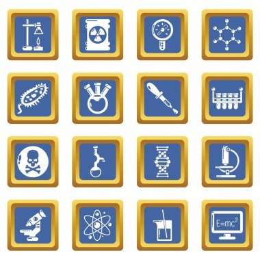 Mavi kare vektör kimya laboratuvar Icons set