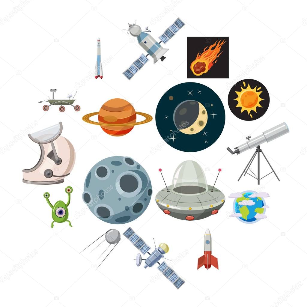 Space icons set, cartoon style