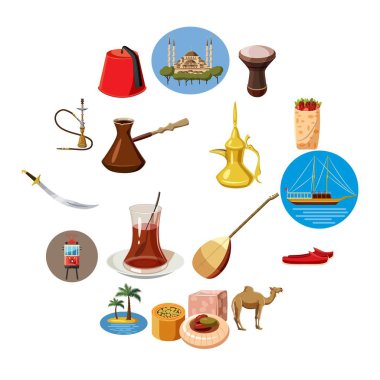 Türkiye'de seyahat Icons set, karikatür tarzı
