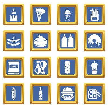 Mavi kare vektör Fast food Icons set