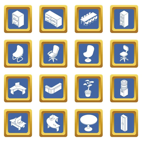 Iconos de muebles de oficina conjunto azul cuadrado vector — Vector de stock