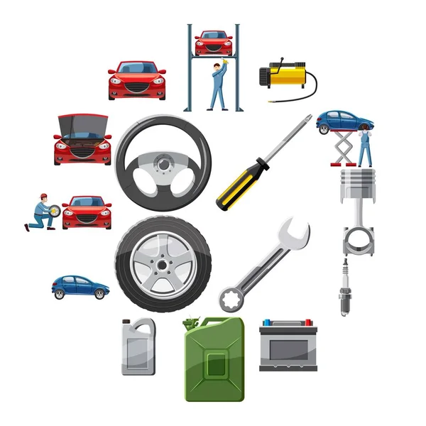 Icone di servizio auto impostato in stile cartone animato — Vettoriale Stock