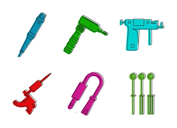 Tätowierwerkzeug Icon Set, Farbe Outline Stil — Stockvektor