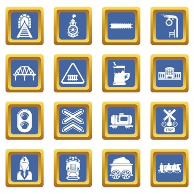 Tren demiryolu simgeler kümesi mavi kare vektör