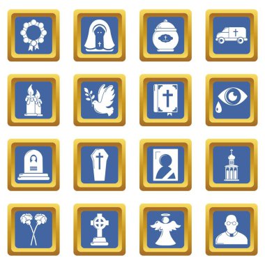 Mavi kare vektör cenaze ritüel hizmet Icons set