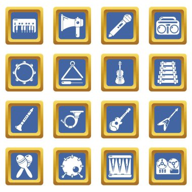 Mavi kare vektör müzik aletleri Icons set
