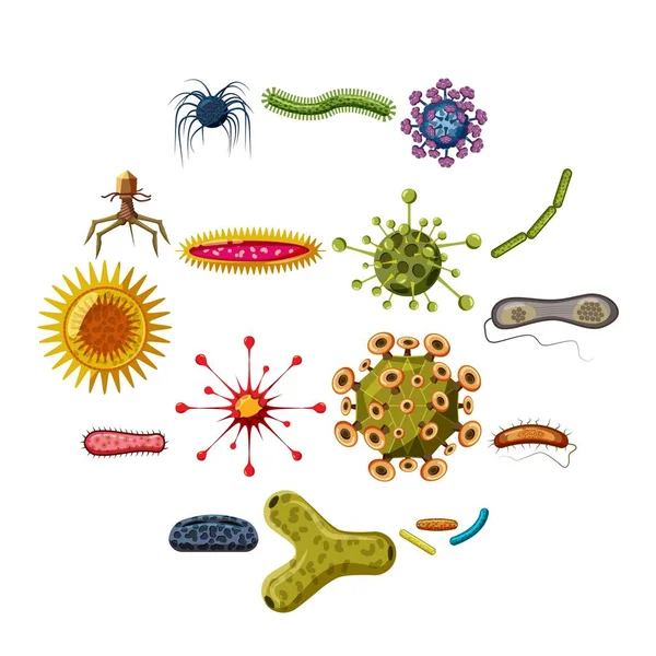 Conjunto de iconos de bacterias virales, estilo de dibujos animados — Vector de stock