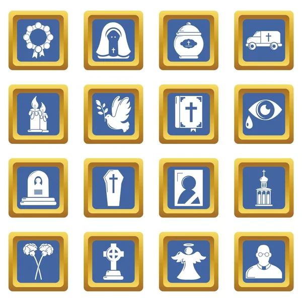 Funeral ritual servicio iconos conjunto azul cuadrado vector — Vector de stock