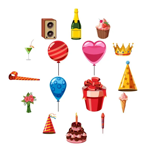 Set di icone di compleanno, stile cartone animato — Vettoriale Stock