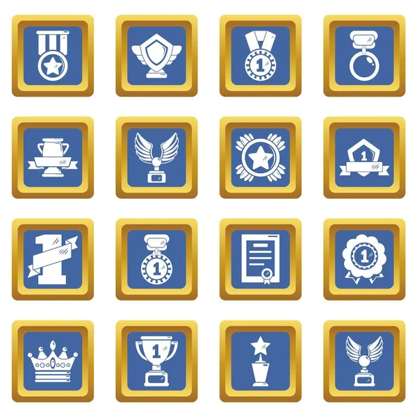 Premios medallas tazas iconos conjunto azul cuadrado vector — Vector de stock