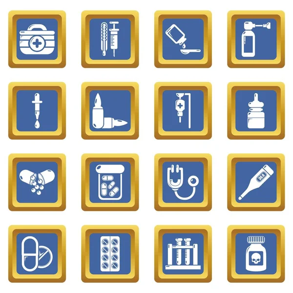 Drug medicine icons set blue square vector — Stock Vector