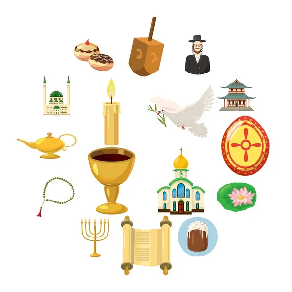 Conjunto de ícones de religião, estilo cartoon —  Vetores de Stock