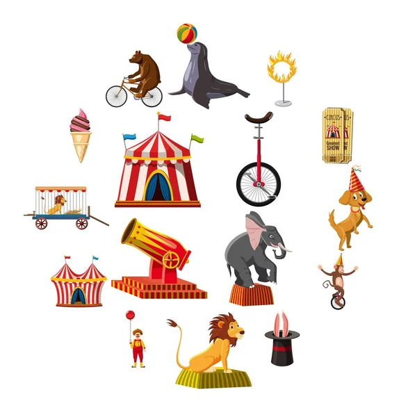 Circus symboly ikon sada, kreslený styl — Stockový vektor