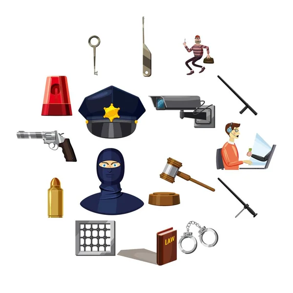 Symboles criminels icônes ensemble, style dessin animé — Image vectorielle
