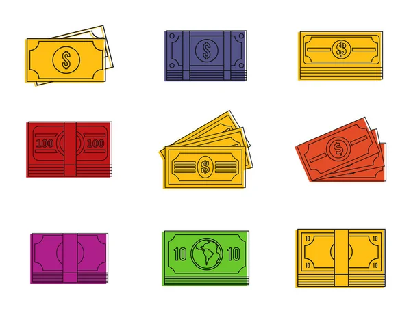 Dollar pictogram set, kleur Kaderstijl — Stockvector