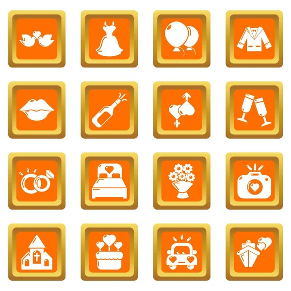 Iconos de boda conjunto naranja cuadrado vector — Vector de stock