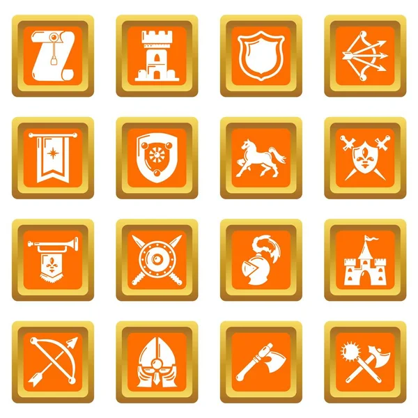 Caballero iconos medievales conjunto naranja cuadrado vector — Archivo Imágenes Vectoriales