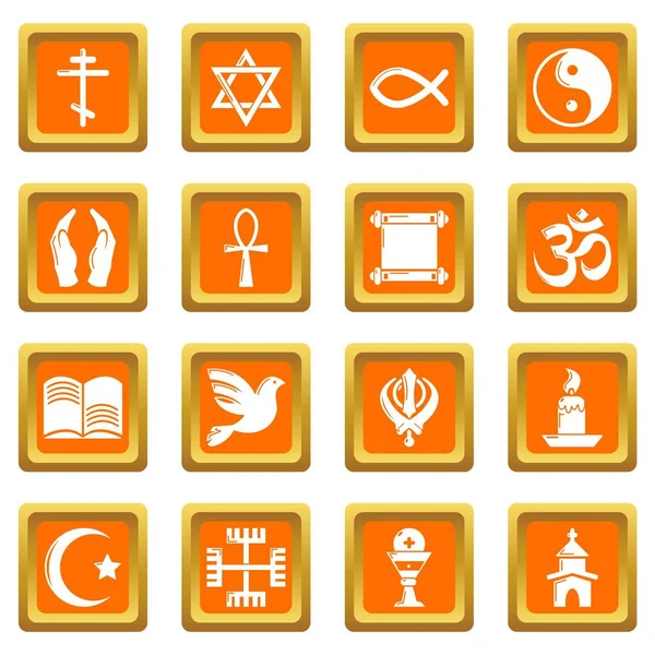 Religion icons set orange square vector — Stock Vector