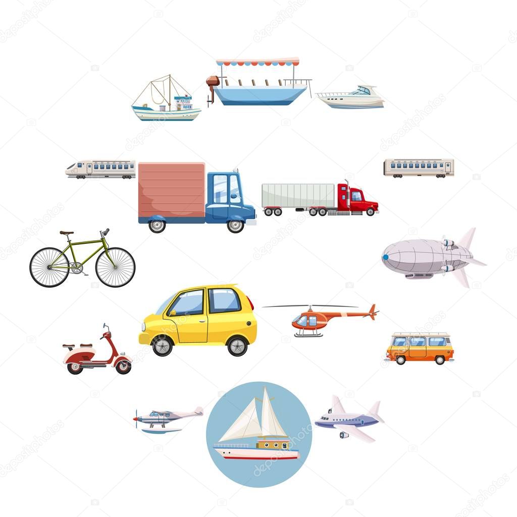 Transportation icons set, cartoon style